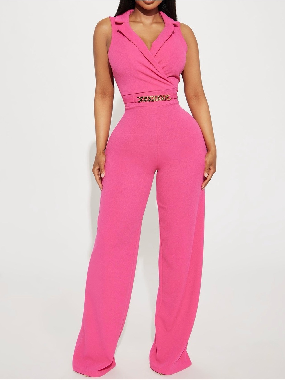 Fashion Nova Hot Pink Sleeveless Wide-Leg Jumpsuit with Gold Chain Waist